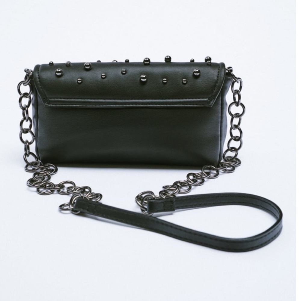 NWT Zara Woman Beaded Crossbody Faux Leather With Chain Bag Purse